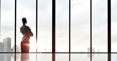 Back view of businesswoman looking on sunrise in office window