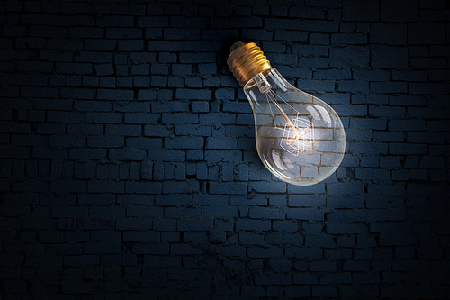 One turned on light bulb on brick wall background