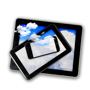 Set of three computer devices with clouds illustration