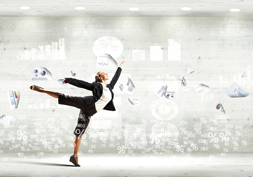 Image of pretty businesswoman jumping high against financial background