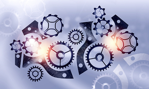 Mechanism of metal gears and cogwheels on color background