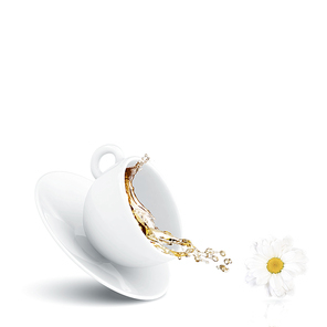White cup of chamomile tea against white background