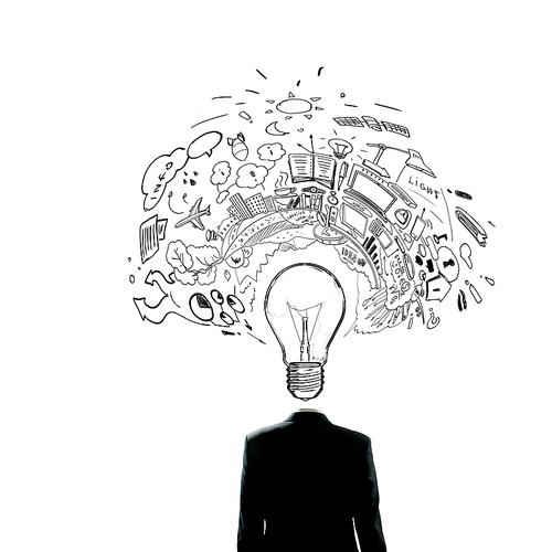 Idea concept with businessman and light bulb instead of his head