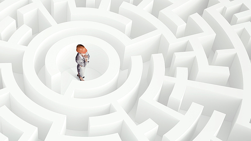 Confused businesswoman standing in white maze trying to find way out