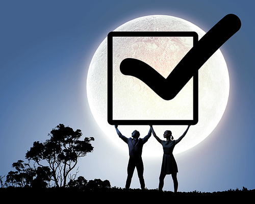 Silhouettes of young couple holding checkbox with tick