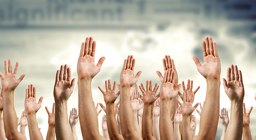 Group of people with hands up showing gestures