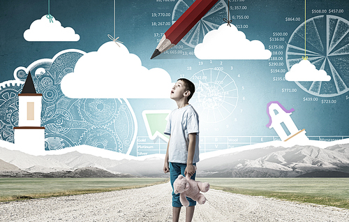 Cute little boy with toy bear on cloud background