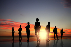 Silhouettes of business people against sunset landscape