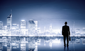 Businessman standing with back against night city panoramic view