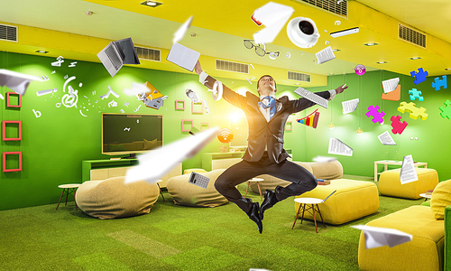 Funny jumping businessman in modern 3D rendering interior. Mixed media