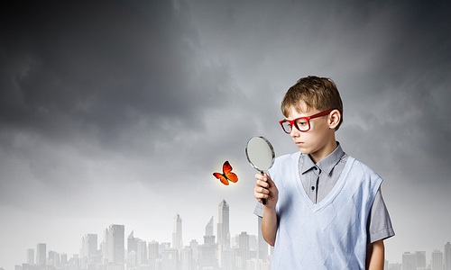 School boy examining butterfly with magnifying glass
