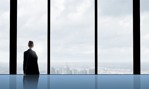 Back view of businesswoman looking in office window