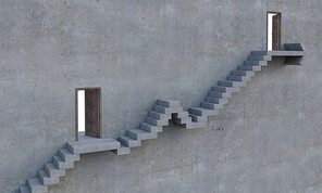 Concrete room with stair going up and doors in wall
