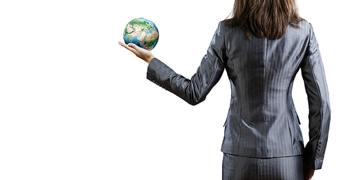 Back view of businesswoman holding earth planet in hand. Elements of this image are furnished by NASA