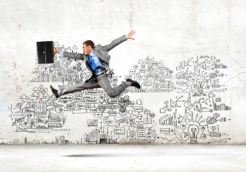 Image of businessman in jump against sketch background