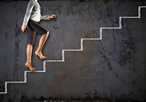 Image of businesswoman climbing career ladder. Success and achievement