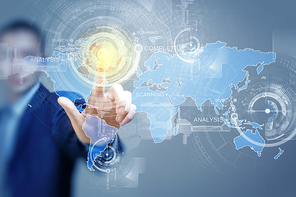 Close up of businessman touching digital screen with finger