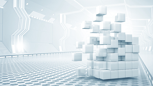 3D cube in futuristic room as innovative virtual interior design. Mixed media