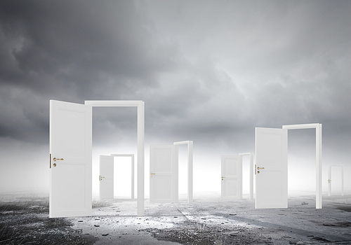 Conceptual image with opened doors as new way entrance to new world
