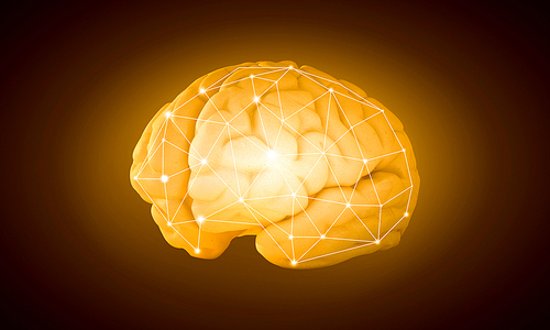Science image with human brain on yellow background