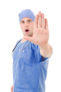 male doctor going stop with his hand, isolated