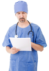 worried doctor looking to his notes, isolated over white background