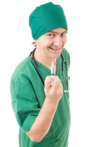 mad nurse with a syringe isolated over white background