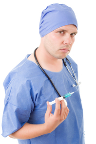 mad doctor with a syringe isolated over white background