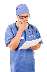male doctor thinking with his notes, isolated over white background
