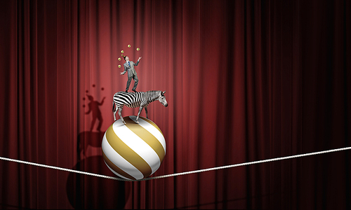 Young businessman standing on zebra and juggling with balls