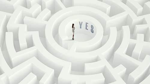 Puzzled young businesswoman standing in white labyrinth