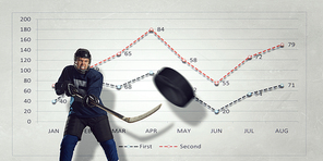 Ice hockey player and graphs at background