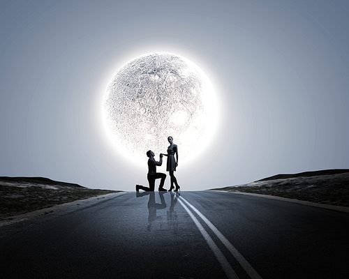 Silhouettes of romantic couple under the moon light