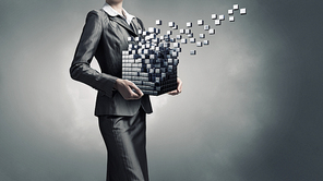 Close view of businesswoman holding 3D illustration cube figure in hands