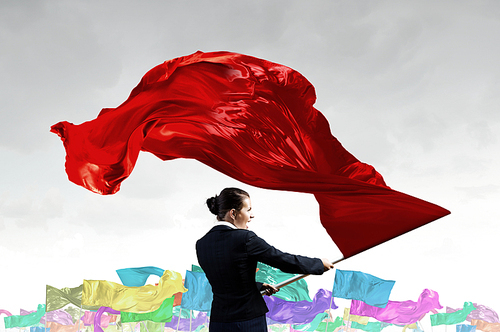 Young determined businesswoman with red flag in hands