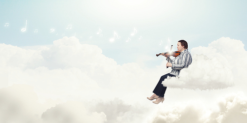 Middle aged stout woman on cloud playing violin