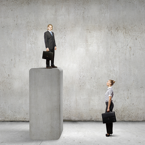 Conceptual image of businesswoman looking at man standing on bar