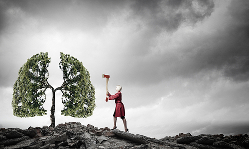 Blond woman in red coat with axe and green tree
