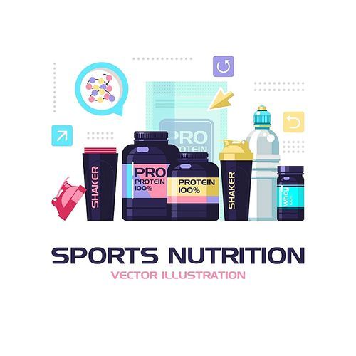 Protein, shakers, dumbbell, energy drinks. Sports nutrition. Fitness. Vector illustration isolated on white . Set of design elements.