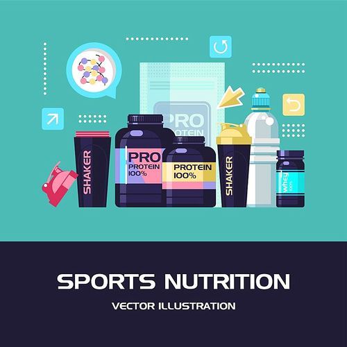 Sports nutrition. Vector illustration. Set of design elements.