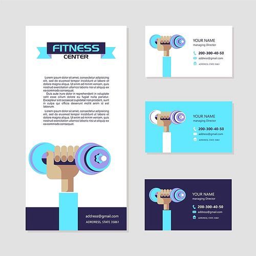 The hand holding the dumbbell. The emblem of the fitness center. Vector illustration with place for text. Corporate identity, business card, flyer.