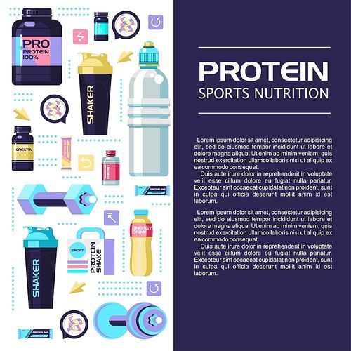 Sports nutrition. Protein, shakers, dumbbell, energy drinks. Vector illustration. Set of design elements.
