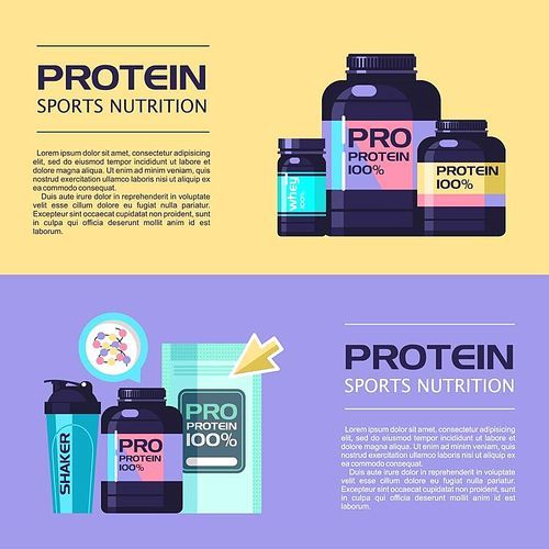 Protein, sports nutrition, energy drinks, water, shaker. Set of vector illustrations with space for text.