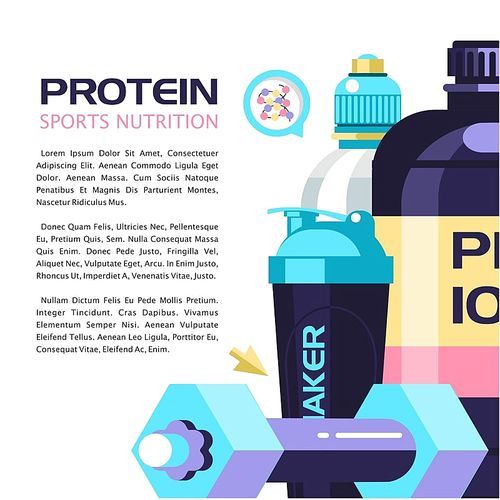 Protein, sports nutrition, energy drinks, water, shaker bottle, dumbbells. Vector illustration with place for text.