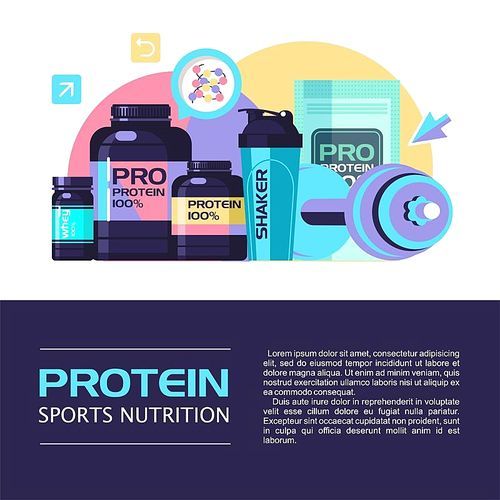 Sports nutrition. Protein, shakers, dumbbell, energy drinks. Set of design elements.