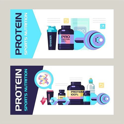 Protein, energy drinks, sports nutrition, water, shaker bottle, dumbbells. Set of vector illustrations with space for text.