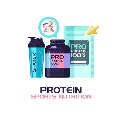 Protein, sports nutrition, water, shaker. Vector illustration isolated on white .