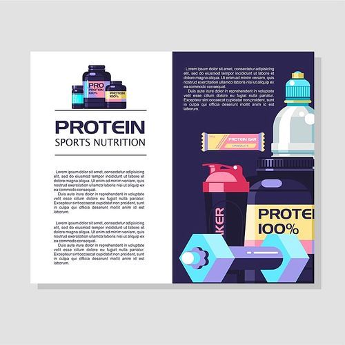 Sports nutrition. Protein, shakers, dumbbell, energy drinks. Design magazine.