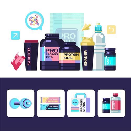 Protein. Sports nutrition. Vector illustration. Set of design elements, square icons.