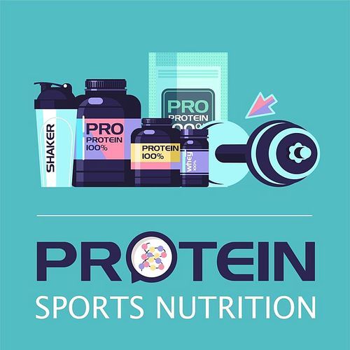 Sports nutrition. Fitness. Protein, shakers, dumbbell, energy drinks. Set of design elements. Vector illustration.